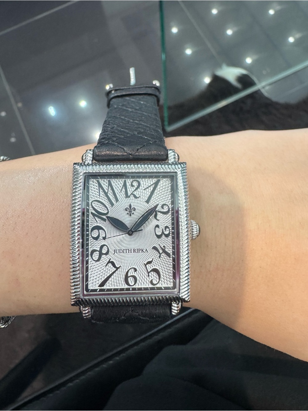 New Judith Ripka Stainless Steel Quilted Leather Tank Watch – Black